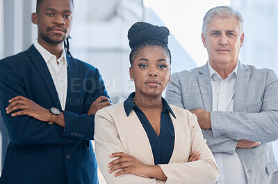 Buy stock photo Portrait, arms crossed and black woman leadership with business people in office for company goals. Teamwork, diversity and group of employees with confident female ceo, vision and success mindset.