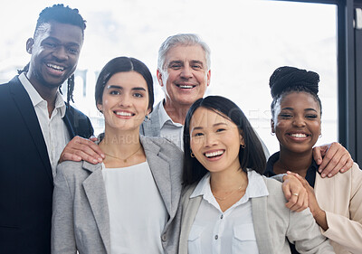 Buy stock photo Portrait, smile and diversity of business people in office for company goals, team building or motivation. Teamwork, collaboration and group of happy employees with vision, mission or success mindset