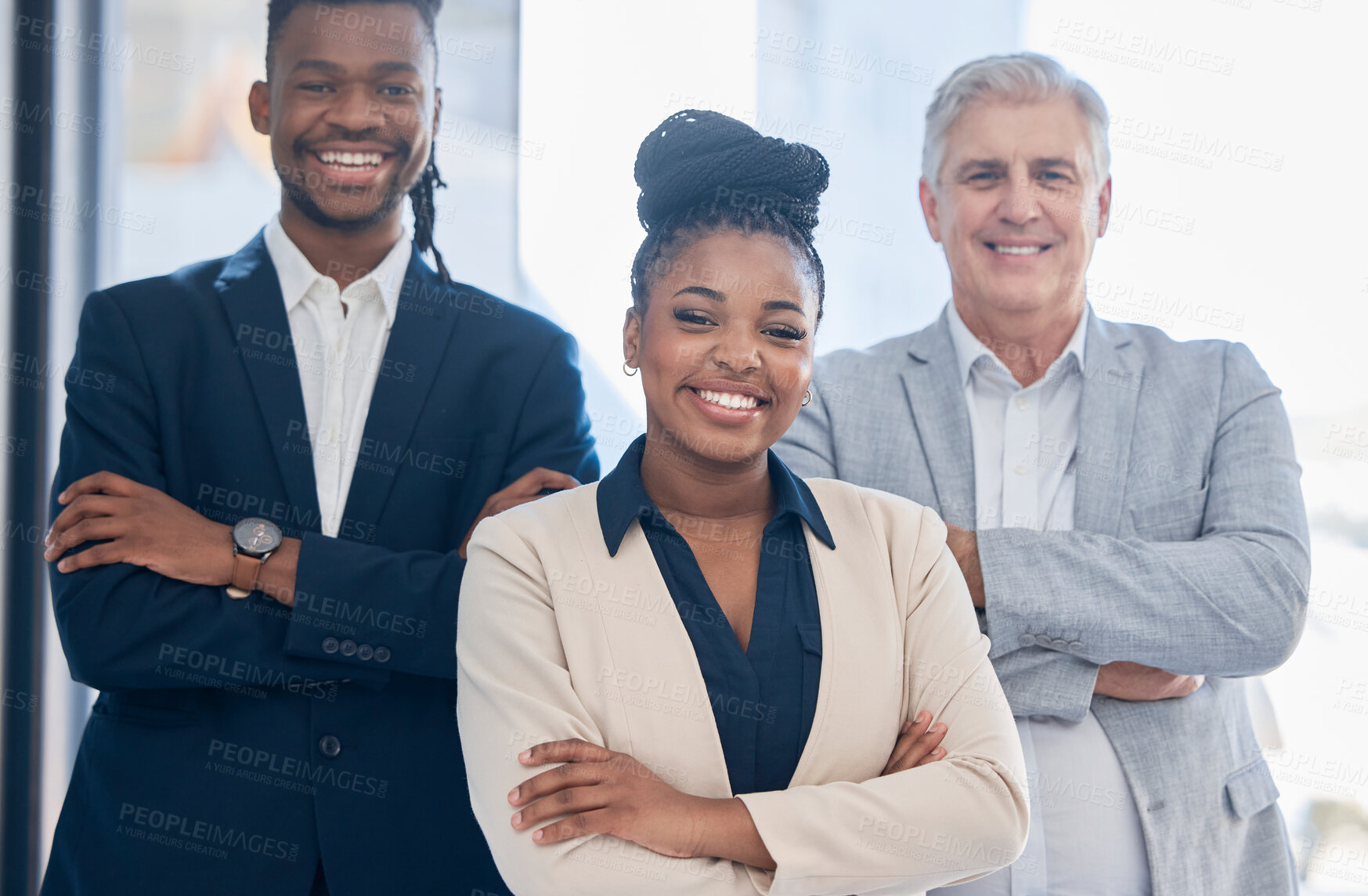 Buy stock photo Arms crossed, portrait and black woman leadership with business people in office for company goals. Teamwork, diversity and group of happy employees with confident female ceo, vision and mission.