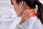 Hand, neck and injury with a business woman to holding her back in pain while working in the office. Medical, posture and anatomy with a female employee suffering from cramp or inflammation at work