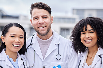 Buy stock photo Team, smile and portrait of doctors for healthcare, medical service and working in the city. Teamwork, diversity and group of employees in health together for outdoor nursing support and work