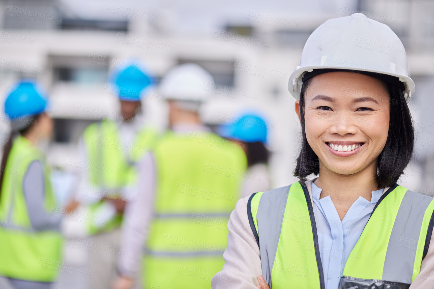 Buy stock photo Engineering, leadership and portrait of a woman construction worker on an outdoor site. Confidence, happy and Asian female industry manager or foreman standing with crossed arms on a building plot.