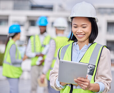 Buy stock photo Leadership, tablet or happy Asian woman contractor with smile for management or engineering success in construction site. Logistics, leader or warehouse manager in safety helmet or vision development
