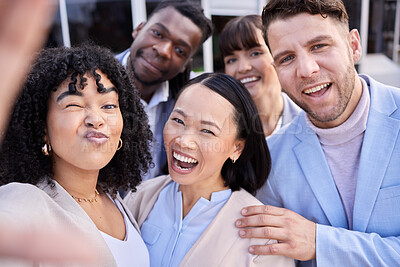 Buy stock photo Selfie, team building and happy business people funny in celebration as a successful company outside office. Teamwork, winning and photo or social media update by diverse employee or worker group