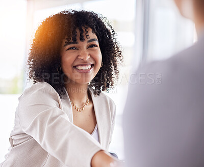 Buy stock photo Office, meeting and business woman shaking hands for partnership, agreement or corporate deal. Happy, professional and female employee with handshake for greeting, welcome or agreement in workplace.