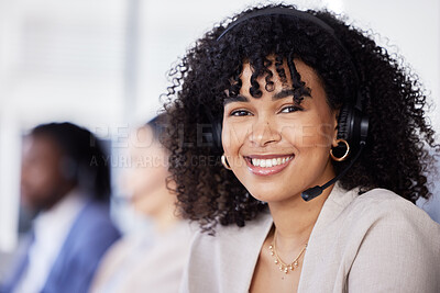 Buy stock photo Callcenter, customer service or black woman portrait for support, consulting or networking in office. Manager, CRM smile or sales advisor face on tech for telemarketing, research or contact us help