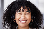 Callcenter, smile or portrait of woman with microphone for customer support, consulting or networking in office. Smile, CRM or sales advisor on tech for telemarketing, smiling or telecom contact us
