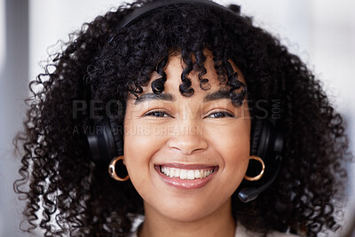Buy stock photo Callcenter or portrait of black woman with microphone for customer support, consulting or networking in office. Smile, CRM or happy sales advisor face for telemarketing or telecom contact us closeup