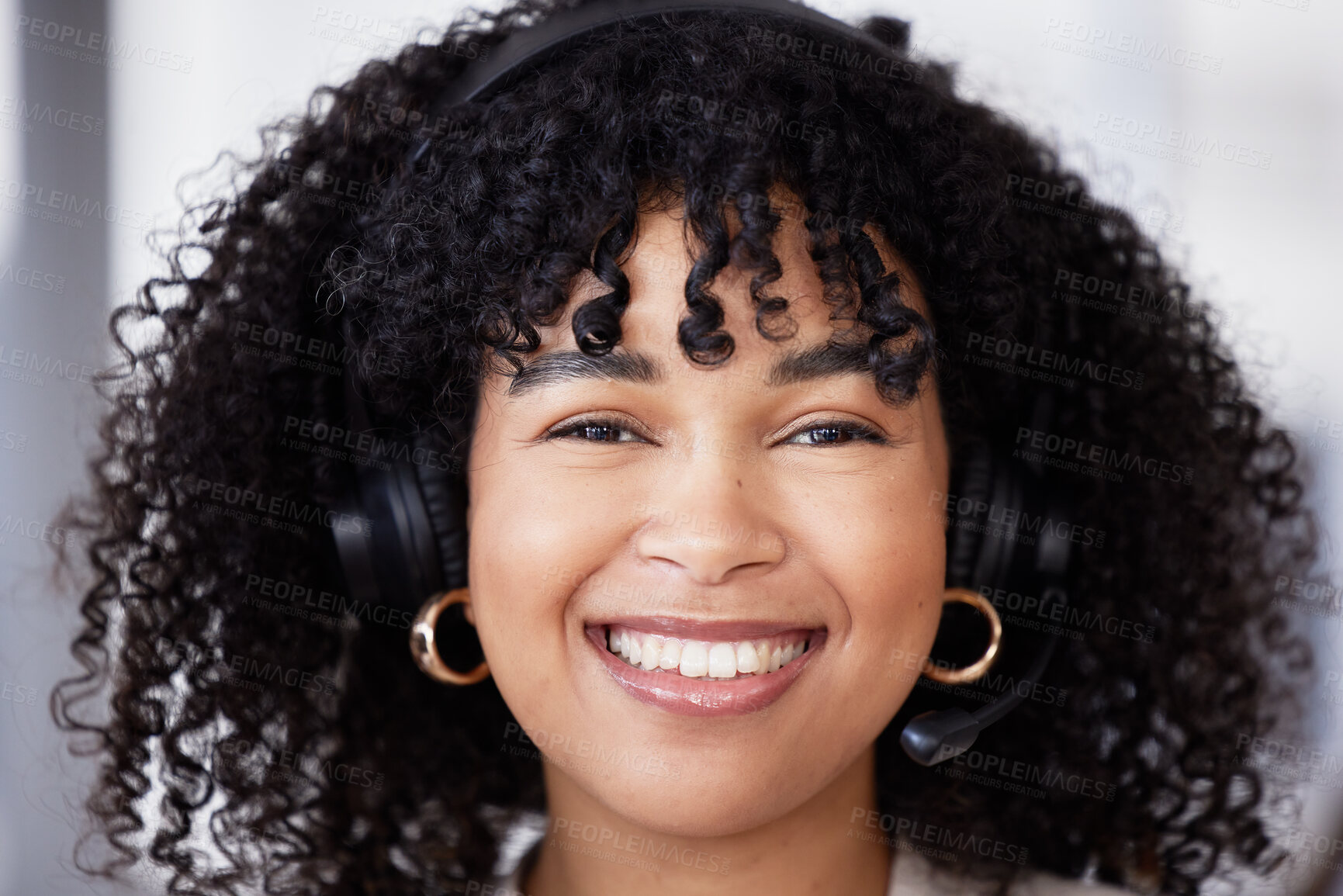 Buy stock photo Callcenter or portrait of black woman with microphone for customer support, consulting or networking in office. Smile, CRM or happy sales advisor face for telemarketing or telecom contact us closeup