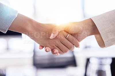 Buy stock photo B2B partnership, support or business people handshake for welcome, collaboration or company teamwork, success and innovation. Zoom, trust or women shaking hands for deal, thank you or job promotion