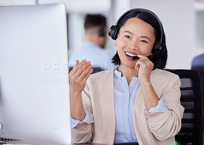 Buy stock photo CRM, smile or asian woman on computer on microphone for customer support, consulting or networking in office. Happy, telemarketing or sales advisor on tech for callcenter, help or telecom contact us