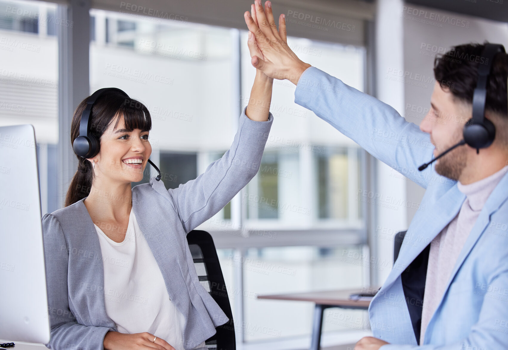 Buy stock photo Callcenter, high five and team hands in support of deal, telemarketing success sales or target in office. Teamwork, b2b and hand in motivation with consultant happy, smile and CRM consulting help