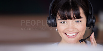 Buy stock photo Telemarketing face, smile or woman communication on microphone for customer support, consulting or networking. Happy, CRM mockup or sales advisor on tech for callcenter, help or telecom contact us