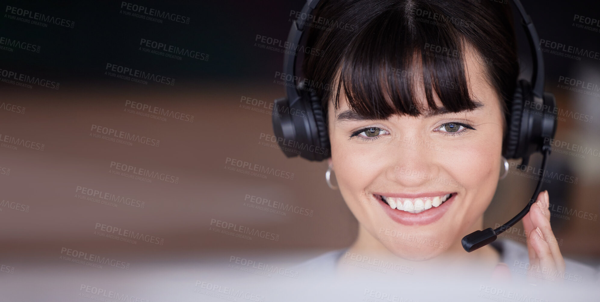 Buy stock photo Telemarketing face, smile or woman communication on microphone for customer support, consulting or networking. Happy, CRM mockup or sales advisor on tech for callcenter, help or telecom contact us