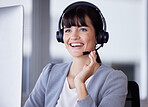 Callcenter, smile or success of woman with microphone for customer support, consulting or networking in office. Happy, CRM or sales advisor on tech for telemarketing, focus or telecom contact us