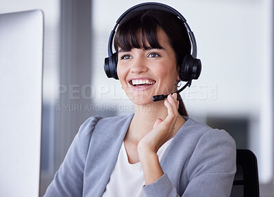 Buy stock photo Callcenter, smile or success of woman with microphone for customer support, consulting or networking in office. Happy, CRM or sales advisor on tech for telemarketing, focus or telecom contact us