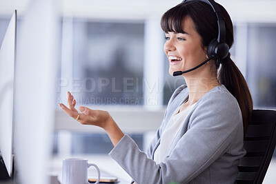 Buy stock photo Support, smile or callcenter woman with microphone for customer service, consulting or networking in office. Happy, CRM or sales advisor on tech for telemarketing, success or telecom contact us help