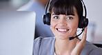 Callcenter, smile or portrait of woman with microphone for customer support, consulting or networking in studio. Happy, CRM or sales advisor on tech for telemarketing, focus or telecom contact us
