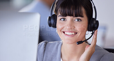 Buy stock photo Callcenter, smile or portrait of woman with microphone for customer support, consulting or networking in studio. Happy, CRM or sales advisor on tech for telemarketing, focus or telecom contact us

