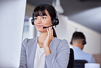 Telemarketing, happy or CRM woman on computer with microphone for customer support, consulting or networking in office. Smile, CRM or sales advisor on tech for callcenter, help or telecom contact us