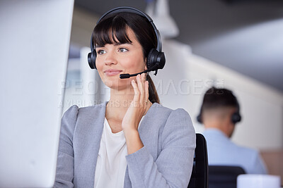 Buy stock photo Telemarketing, happy or CRM woman on computer with microphone for customer support, consulting or networking in office. Smile, CRM or sales advisor on tech for callcenter, help or telecom contact us