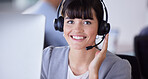 Callcenter, happy or portrait of woman with microphone for customer support, consulting or networking in studio. Face, CRM or sale advisor smile on tech for telemarketing, focus or telecom contact us