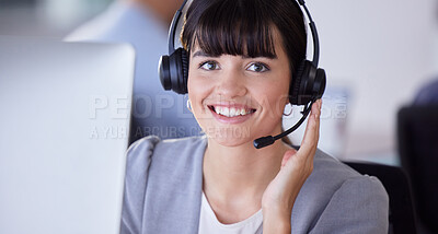 Buy stock photo Callcenter, happy or portrait of woman with microphone for customer support, consulting or networking in studio. Face, CRM or sale advisor smile on tech for telemarketing, focus or telecom contact us