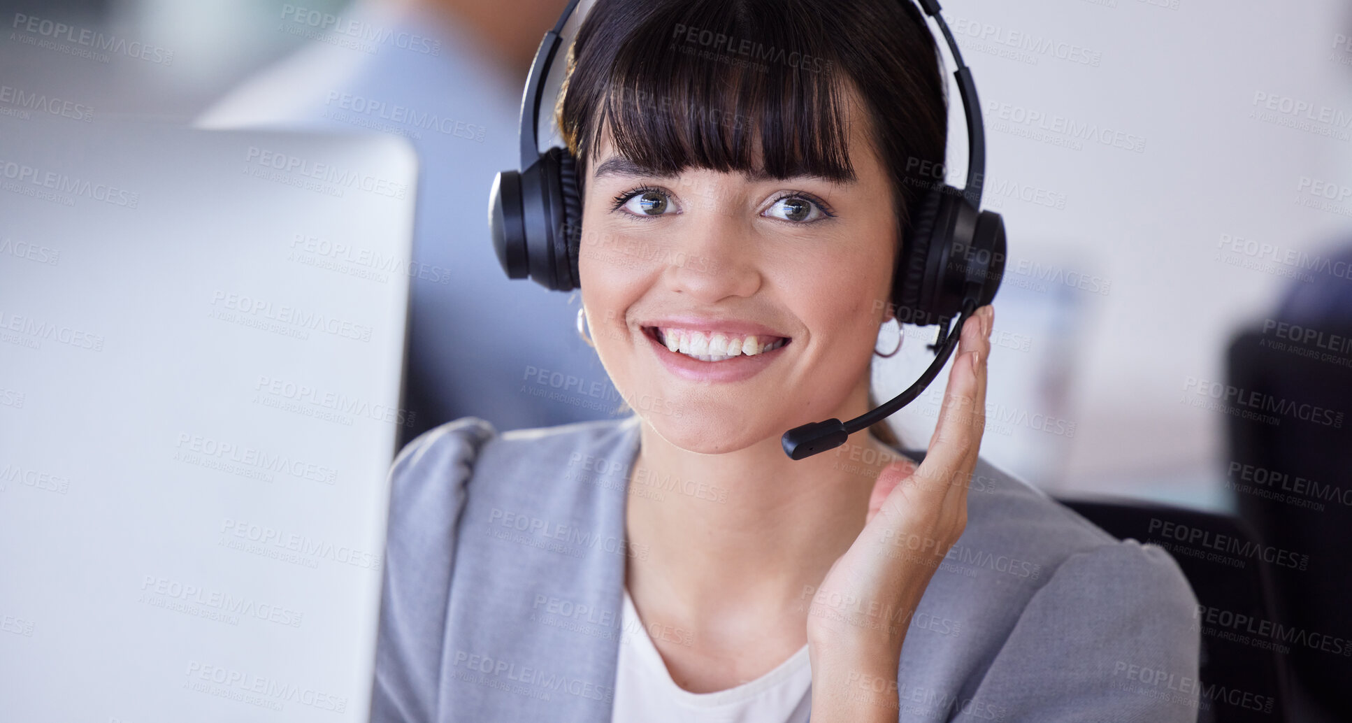 Buy stock photo Callcenter, happy or portrait of woman with microphone for customer support, consulting or networking in studio. Face, CRM or sale advisor smile on tech for telemarketing, focus or telecom contact us