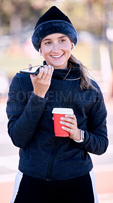 Buy stock photo Woman, phone call and speaker at city park with coffee, smile and start morning for training, running or exercise. Gen z runner girl, smartphone and outdoor with drink for energy, health and wellness