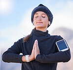 Woman, praying hands and training at park, city or focus on meditation, breathing and start morning exercise. Gen z runner girl, smartphone and outdoor with peace for mindfulness, health and wellness