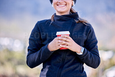 Buy stock photo Hands, coffee and woman in city for fitness, smile and start morning for training, running and exercise adventure. Gen z runner girl, smartwatch and outdoor with drink for energy, health and wellness