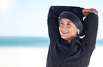Fitness, woman and stretching arms on beach in preparation for exercise, cardio workout or training. Happy sporty female in warm up arm stretch getting ready for fun exercising by the ocean on mockup