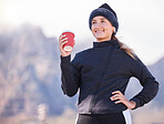Woman, music and coffee for outdoor exercise at park, mountain and smile to start morning training. Gen z runner girl, earpods and happy with drink for energy, health goal and wellness with vision