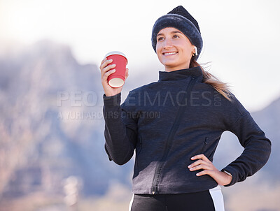Buy stock photo Woman, music and coffee for outdoor exercise at park, mountain and smile to start morning training. Gen z runner girl, earpods and happy with drink for energy, health goal and wellness with vision