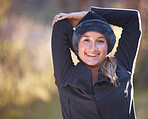 Hiking, portrait and mock up with a woman stretching outdoor for a hike in the woods, forest or nature. Fitness, warm up and a female hiker getting ready for a walk outside in the natural wilderness