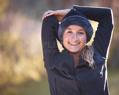 Buy stock photo Hiking, portrait and mock up with a woman stretching outdoor for a hike in the woods, forest or nature. Fitness, warm up and a female hiker getting ready for a walk outside in the natural wilderness