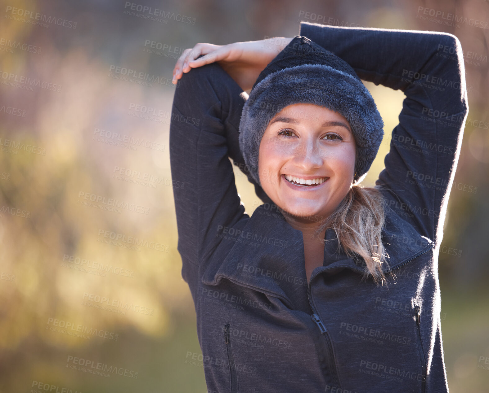 Buy stock photo Hiking, portrait and mock up with a woman stretching outdoor for a hike in the woods, forest or nature. Fitness, warm up and a female hiker getting ready for a walk outside in the natural wilderness
