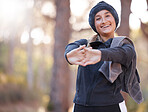 Hiking, portrait and mockup with a woman stretching in nature, outdoor for a hike in the woods or forest. Fitness, warm up and a female hiker getting ready for a walk outside in the wilderness