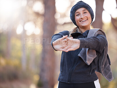Buy stock photo Hiking, portrait and mockup with a woman stretching in nature, outdoor for a hike in the woods or forest. Fitness, warm up and a female hiker getting ready for a walk outside in the wilderness