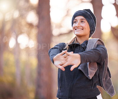 Buy stock photo Hiking, stretching and mockup with a woman in nature, outdoor for a hike in the woods or forest. Fitness, warm up and a female hiker getting ready for a walk outside in the natural wilderness