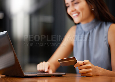 Buy stock photo Credit card, business woman and computer online payment of a employee doing online shopping. Ecommerce, technology and digital banking of a young person typing bank information on store website 
