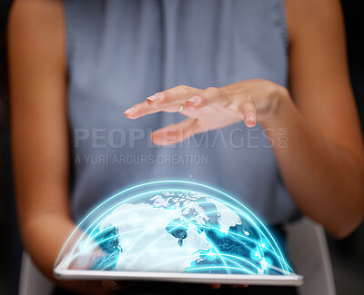 Buy stock photo Global, hologram and woman hands on tablet for futuristic network, digital connection and cyber research. Future technology, 3d holographic of map, worldwide or globe for ai or IT software management