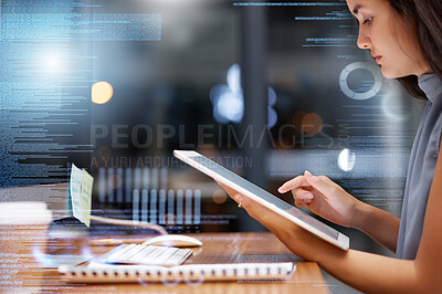 Buy stock photo Digital tablet overlay, cybersecurity data and woman programmer with crypto data for fintech. Online code, ux research and information technology graphic of a employee coding  with web analytics