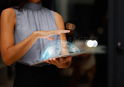 Buy stock photo World tablet overlay, woman hand and global hologram for international cyber research at night. Mockup, 3d cybersecurity information and data analytics for online coding transformation with high tech