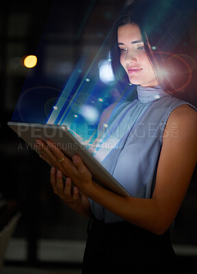 Buy stock photo Tablet, global hologram and network woman at night in augmented reality or metaverse experience for future technology. Digital shine, futuristic light and business woman with scifi data on screen 