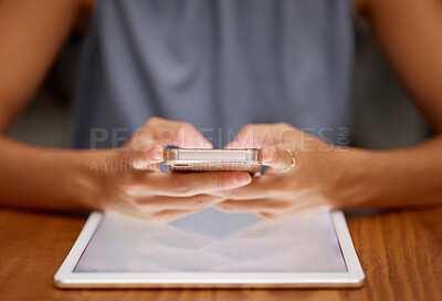 Buy stock photo Communication, social media and hands of a woman with phone, tablet and internet for connection. Digital, website and employee in business typing on a mobile app with mockup space on tech for a brand