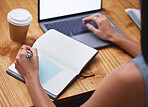 Hands, woman and writing in notebook at desk with laptop, business schedule and office administration. Closeup worker planning books of research, ideas and agenda at table, logistics or tech strategy