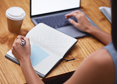 Buy stock photo Hands, woman and writing in notebook at desk with laptop, business schedule and office administration. Closeup worker planning books of research, ideas and agenda at table, logistics or tech strategy