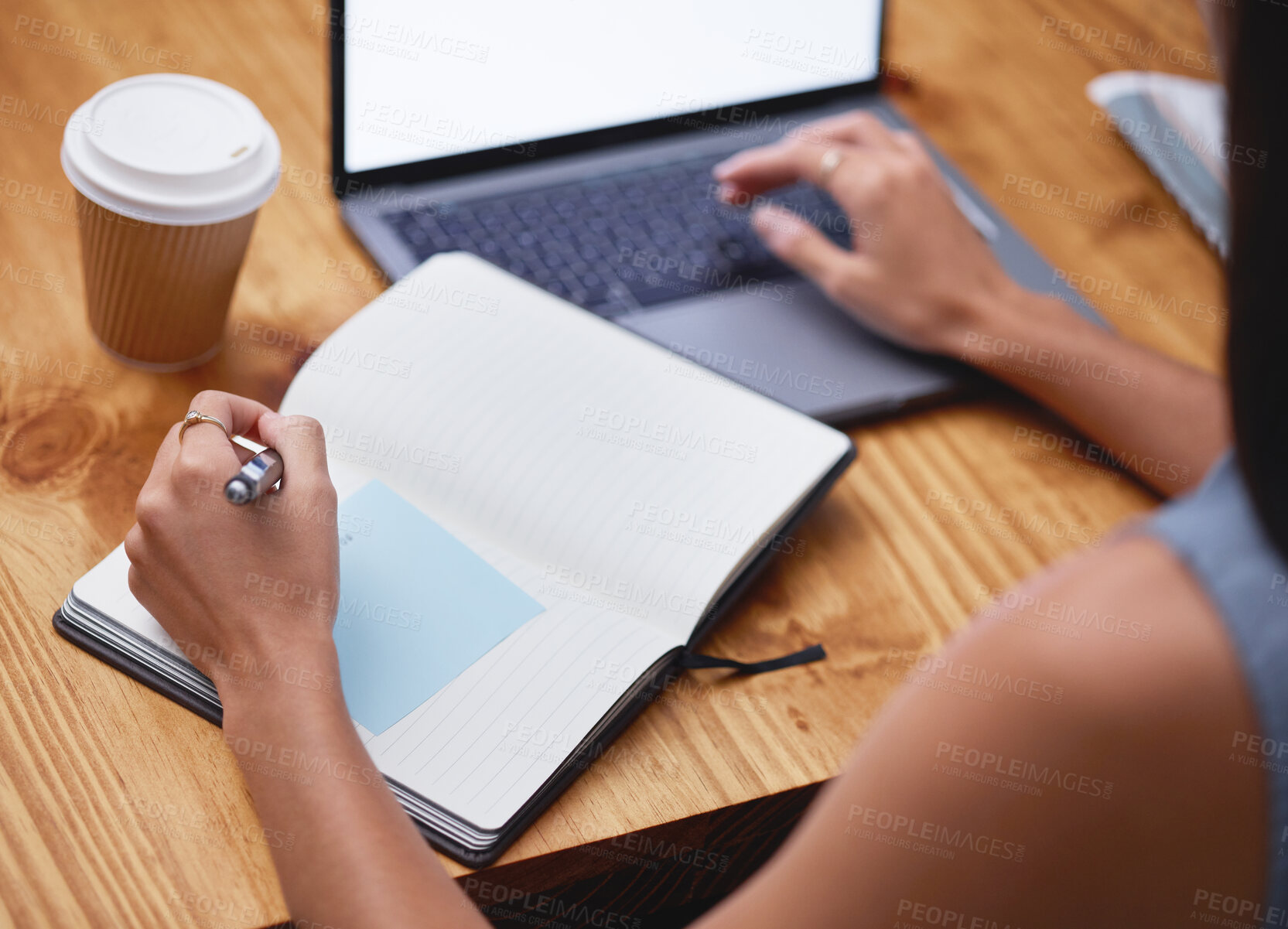 Buy stock photo Hands, woman and writing in notebook at desk with laptop, business schedule and office administration. Closeup worker planning books of research, ideas and agenda at table, logistics or tech strategy