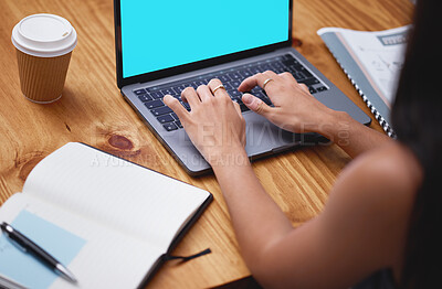 Buy stock photo Woman hands, laptop and typing on mockup screen for planning, data analysis and internet administration. Closeup worker, mock up and computer keyboard for seo research, website or business management